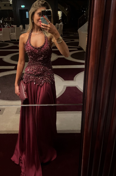 Vintage Burgundy A-line Halter Neck Beaded Chiffon Long Prom Dress Evening Dress cc4945