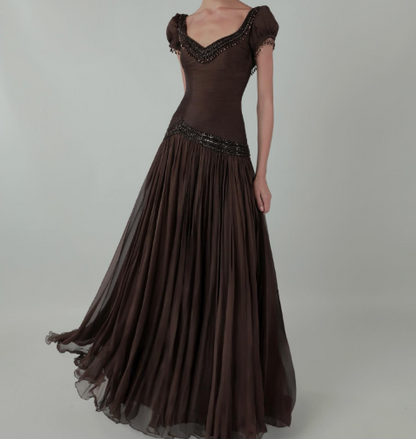 Retro Elegant Dark Brown Fitted V-neck Beaded Chiffon Long Prom Dress Evening Dress cc5003