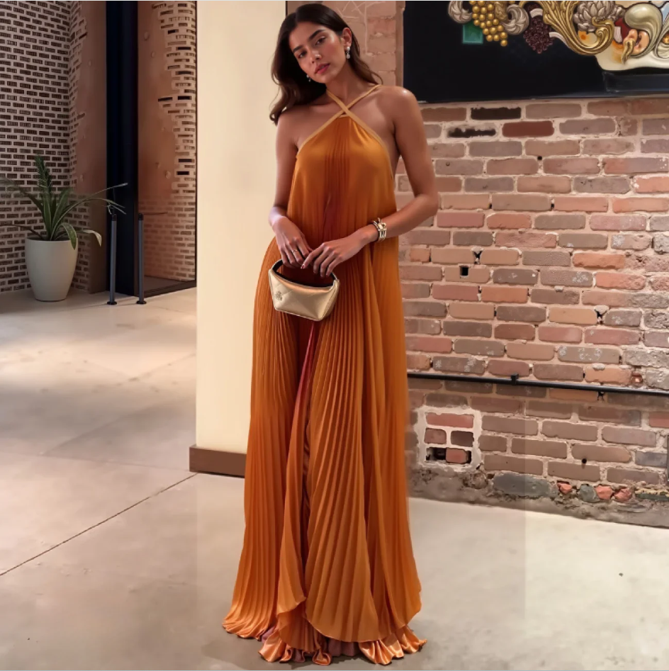 Sexy Halter Pleated Evening Dress Orange Sleeveless  Party Prom Dress cc2408