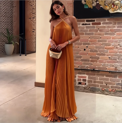 Sexy Halter Pleated Evening Dress Orange Sleeveless  Party Prom Dress cc2408