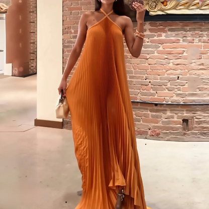 Sexy Halter Pleated Evening Dress Orange Sleeveless  Party Prom Dress cc2408
