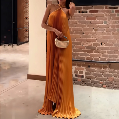 Sexy Halter Pleated Evening Dress Orange Sleeveless  Party Prom Dress cc2408