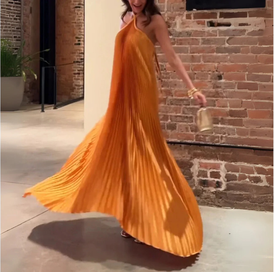 Sexy Halter Pleated Evening Dress Orange Sleeveless  Party Prom Dress cc2408