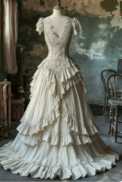 Vintage A Line Chiffon Lace Appliques Long Prom Dress,Ivory Wedding Dress Evening Dress cc2422