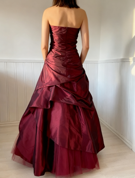 Elegant Burgundy A-line Strapless Satin Long Prom Dress Evening Dress cc4864