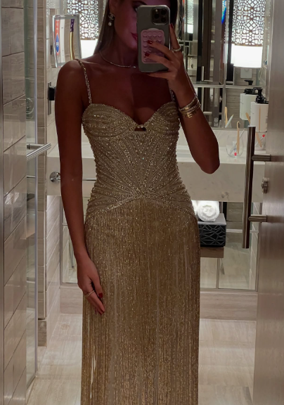 Gorgeous Gold Fitted Spaghetti Strap Sequined Tassel Long Prom Dress Evening Dress cc5032