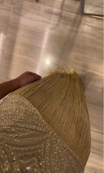 Gorgeous Gold Fitted Spaghetti Strap Sequined Tassel Long Prom Dress Evening Dress cc5032