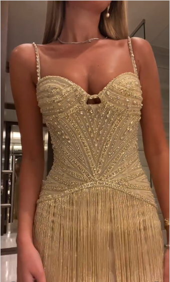Gorgeous Gold Fitted Spaghetti Strap Sequined Tassel Long Prom Dress Evening Dress cc5032