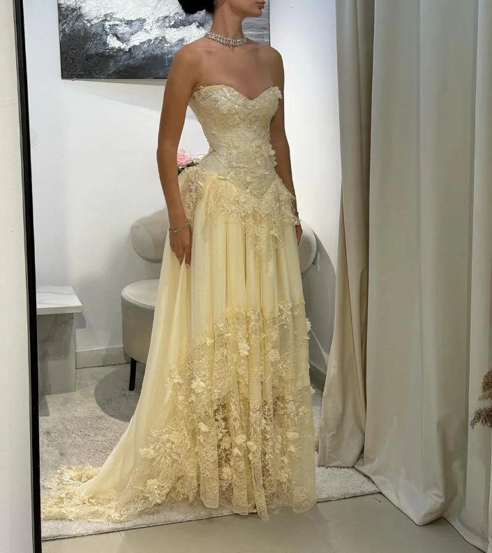 Vintage Yellow A-line Lace Train Prom Dress Evening Dress cc4983
