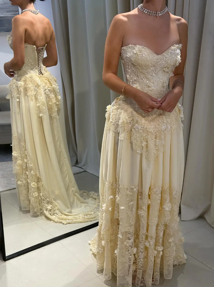 Vintage Yellow A-line Lace Train Prom Dress Evening Dress cc4983