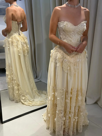 Vintage Yellow A-line Lace Train Prom Dress Evening Dress cc4983