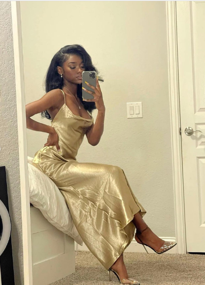 Mermaid Spaghetti Straps Long Prom Dress Gold Charming Evening Dress Black Girls Prom Dress cc401