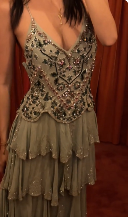 Vintage Mint Green A-line Beaded Embroidered Sequined Layered Chiffon Long Prom Dress Evening Dress cc5134