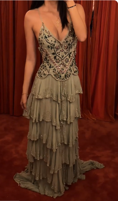 Vintage Mint Green A-line Beaded Embroidered Sequined Layered Chiffon Long Prom Dress Evening Dress cc5134