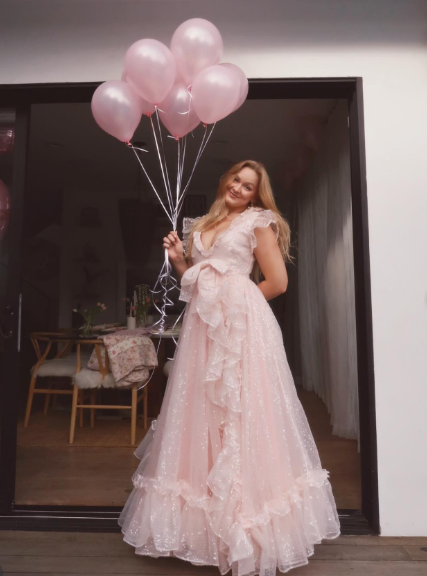 Princess Pink A-line V-neck Ruffled Sequined Tulle Long Prom Dress Evening Dress cc5057