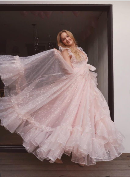 Princess Pink A-line V-neck Ruffled Sequined Tulle Long Prom Dress Evening Dress cc5057