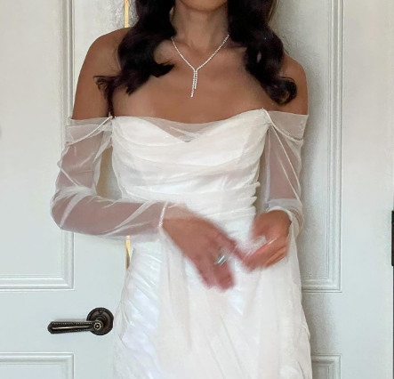 Elegant White Off-the-Shoulder Ruched Tulle Train Wedding Dress cc5573