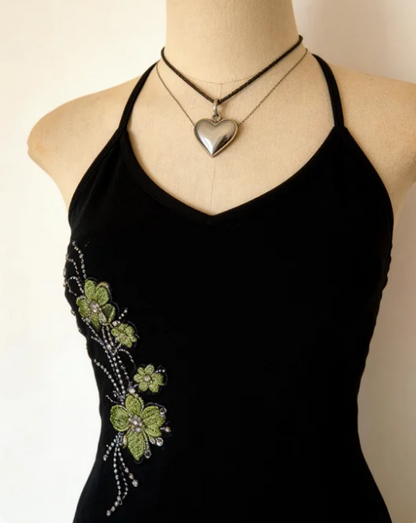 Vintage Black Halter Neck Embroidered Velvet Ruffle Prom Dress Evening Dress cc5059