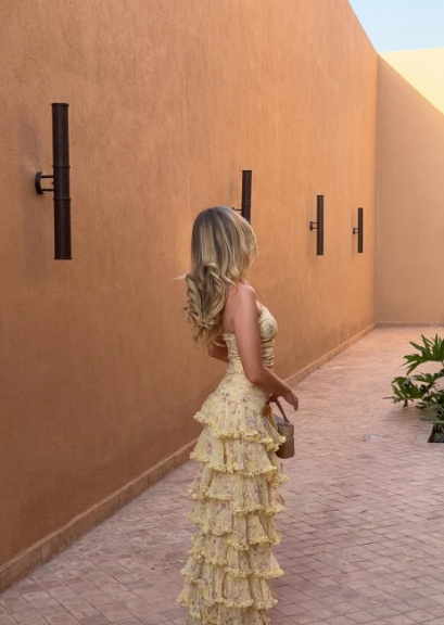Sweet Yellow Floral Print Strapless A-line Chiffon Long Prom Dress Evening Dress cc5069