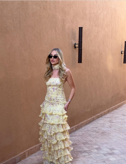 Sweet Yellow Floral Print Strapless A-line Chiffon Long Prom Dress Evening Dress cc5069