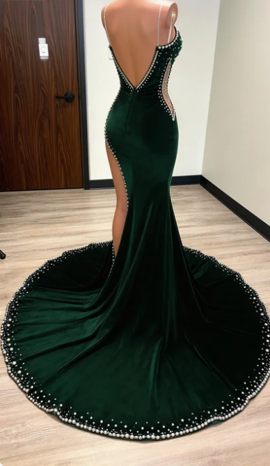 green prom dresses mermaid Dark Floor length with Silver Beads Navy Blue Long Mermaid Prom Dress with