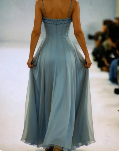 Vintage Blue Tulle A Line Party Gown,Spaghetti Straps Prom Evening Dress cc2660
