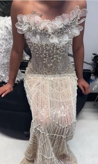 Luxurious Champagne Gold Strapless 3D Floral Beaded Sequin Tulle Train Long Prom Dress Evening Dress cc5576
