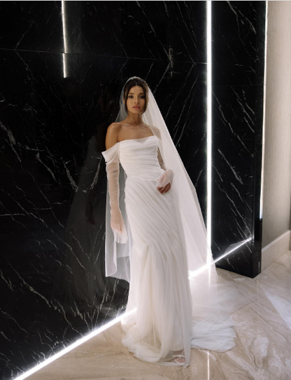 Elegant White Off-the-Shoulder Ruched Tulle Train Wedding Dress cc5573