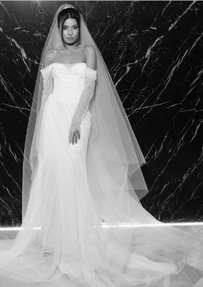 Elegant White Off-the-Shoulder Ruched Tulle Train Wedding Dress cc5573