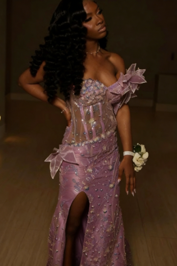 Luxurious Purple Beaded Sequin 3D Flower High Slit Tulle Train Prom Dress Evening Dress cc5599