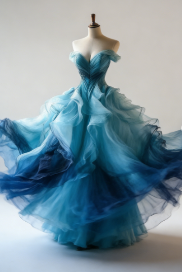 Vintage Ombre Blue Tulle Off The Shoulder Evening Dress,Formal Birthday Ball Gown cc2817