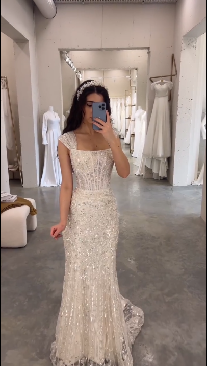 Elegant White Mermaid Square Neck Sequin Tulle Train Long Prom Dress Evening Dress cc5171