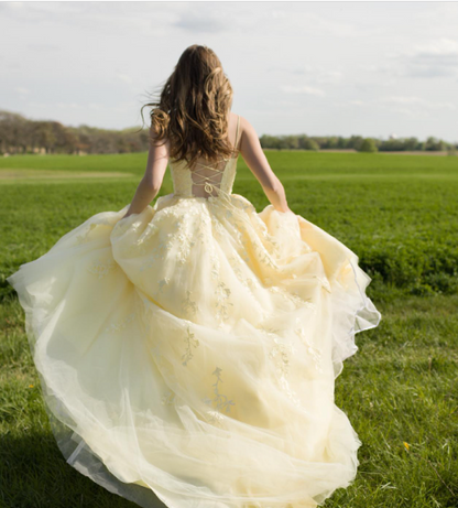 Sweet Yellow A-line Tube Top Embroidered Tulle Long Prom Dress Evening Dress cc4766