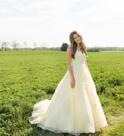 Sweet Yellow A-line Tube Top Embroidered Tulle Long Prom Dress Evening Dress cc4766