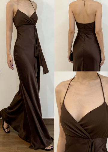 Sexy Brown V Neck Satin Evening Dress Long Party Prom Dress cc2181