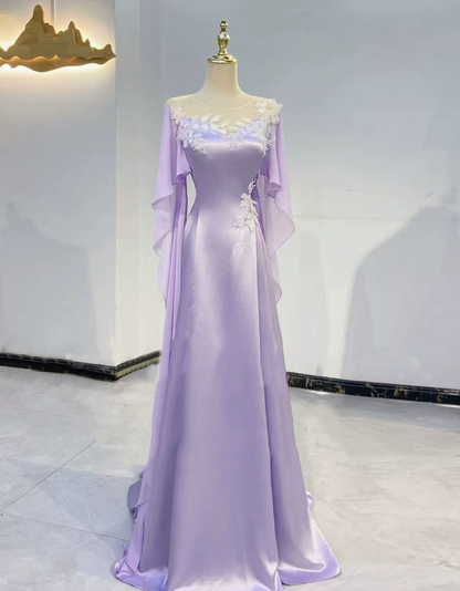 Gorgeous Prom Dress Light Purple A Line Satin Hight Collar Evening Dress Gala Dress cc5710