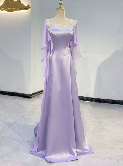 Gorgeous Prom Dress Light Purple A Line Satin Hight Collar Evening Dress Gala Dress cc5710