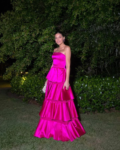Gorgeous Strapless Satin Layered Party Evening Dress Hot Pink A Line Prom Dress cc2417