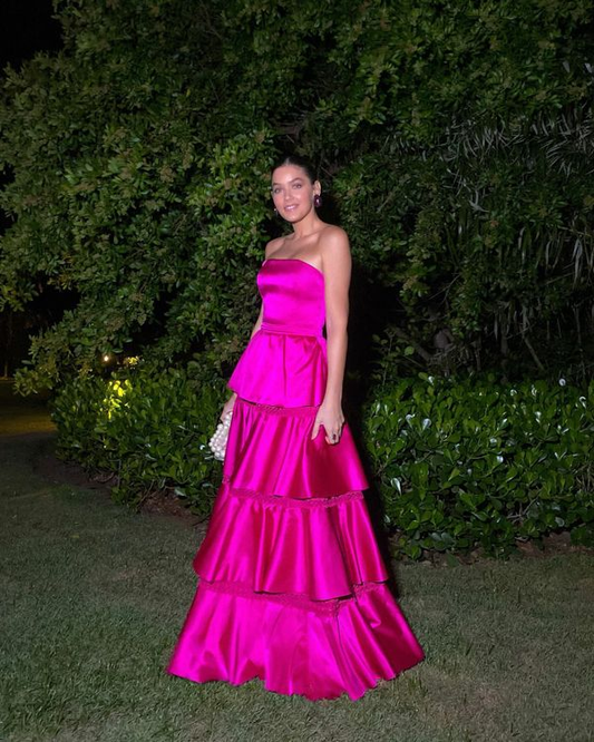 Gorgeous Strapless Satin Layered Party Evening Dress Hot Pink A Line Prom Dress cc2417