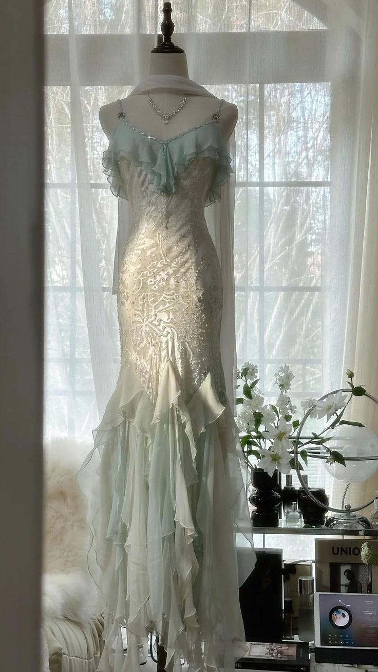 Classy Light Green Chiffon Beaded Mermaid Prom Dress,Spaghetti Straps Party Evening Dress cc2966