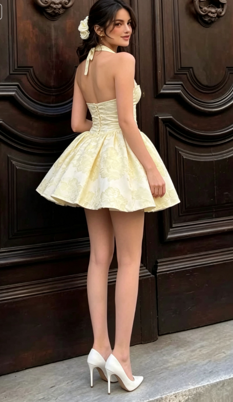 Sweet Light Yellow Halterneck Floral Jacquard A-line Birthday Dress Homecoming Dress cc4073