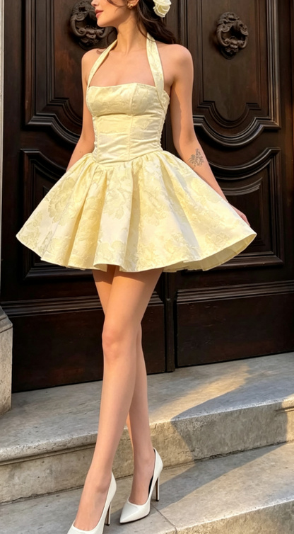 Sweet Light Yellow Halterneck Floral Jacquard A-line Birthday Dress Homecoming Dress cc4073