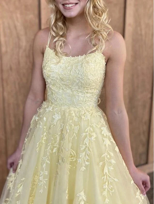 Sweet Yellow A-line Tube Top Embroidered Tulle Long Prom Dress Evening Dress cc4766