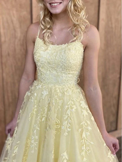 Sweet Yellow A-line Tube Top Embroidered Tulle Long Prom Dress Evening Dress cc4766