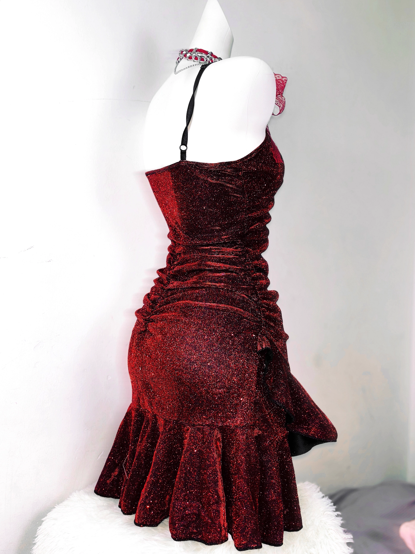 Glitter Spaghetti Straps Burgundy Ruffle Short Birthday Outfits Cocktail Dress Formal Homecoming Dress cc3226