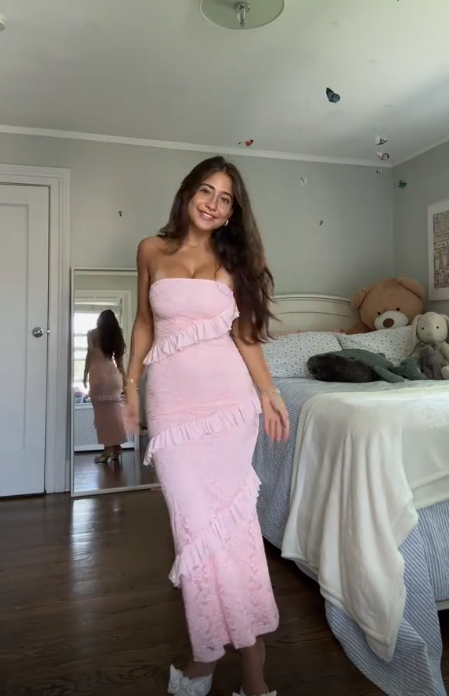 Classy Pink Strapless Lace Ruffles Party Dress Formal Prom Evening Gown cc2317