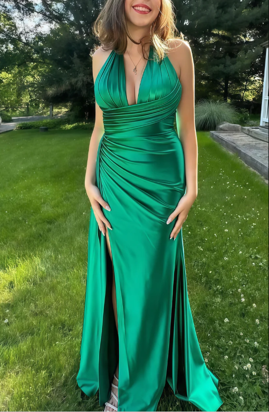 Green Halter V Neck Pleated Prom Dress,Slit Mermaid Party Evening Gown cc2486