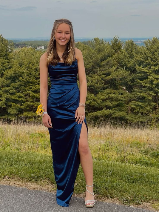 Navy Blue Satin Slit Party Gown,Formal Prom Evening Dress cc2512
