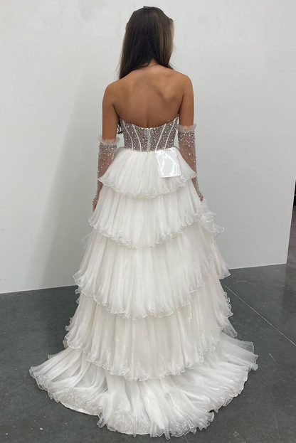 A-line Sweetheart Tiered Organza Prom Dress with Detachable Sleeves  cc790