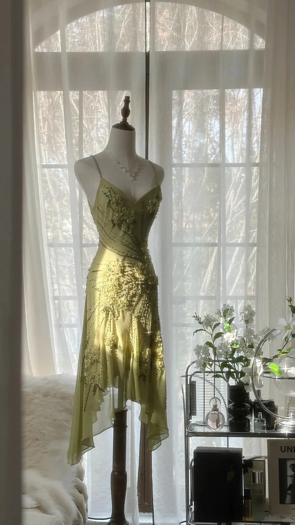 Vintage Green Chiffon Beaded Birthday Dress Homecoming Dress cc3037